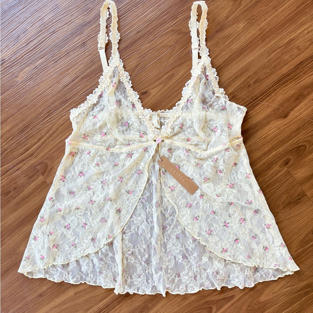 SKIMS Cream Lace Babydoll with Pink Floral Accents